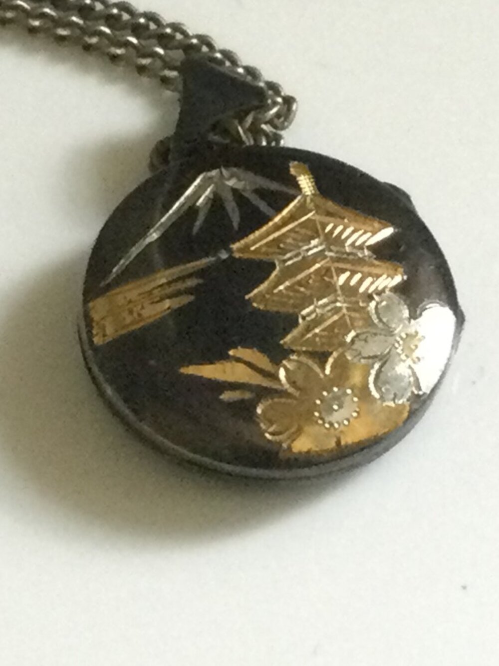 1960's Sterling Damascene Locket Necklace Japan Double Sided 16" Chain